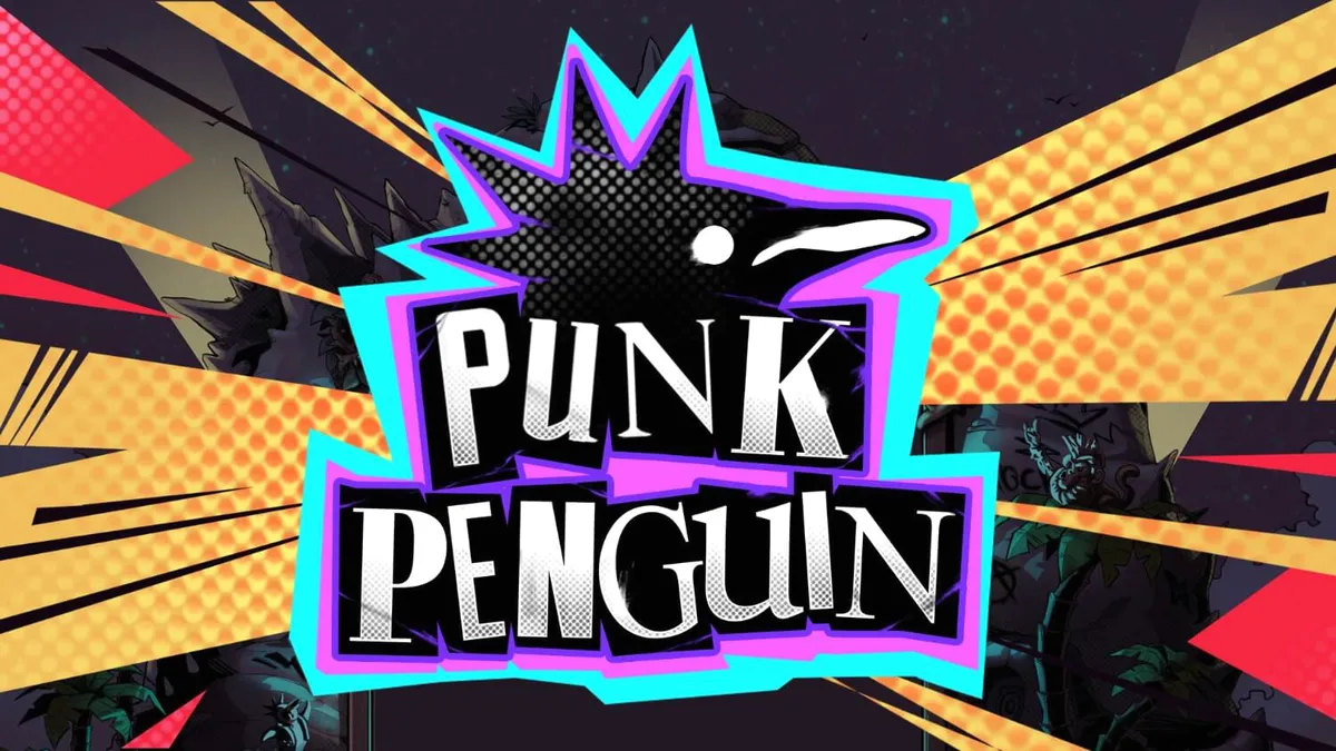 Isang makulay at maingay na eksena ng Punk Penguin slot na may mga penguin na nagtatanghal sa isang underground concert.