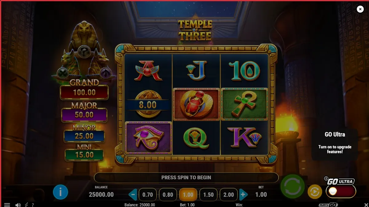 Temple of Three slot machine interface featuring Egyptian gods and golden treasures